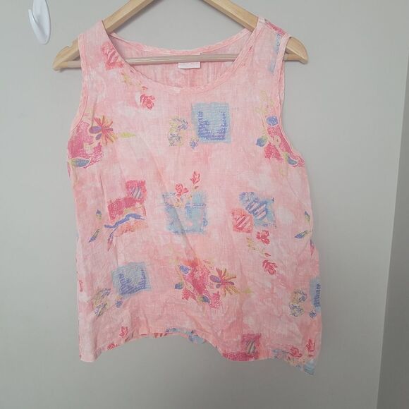 STAMP Pink Linen Sleeveless Abstract Floral Tank  Blouse Small - Picture 1 of 4